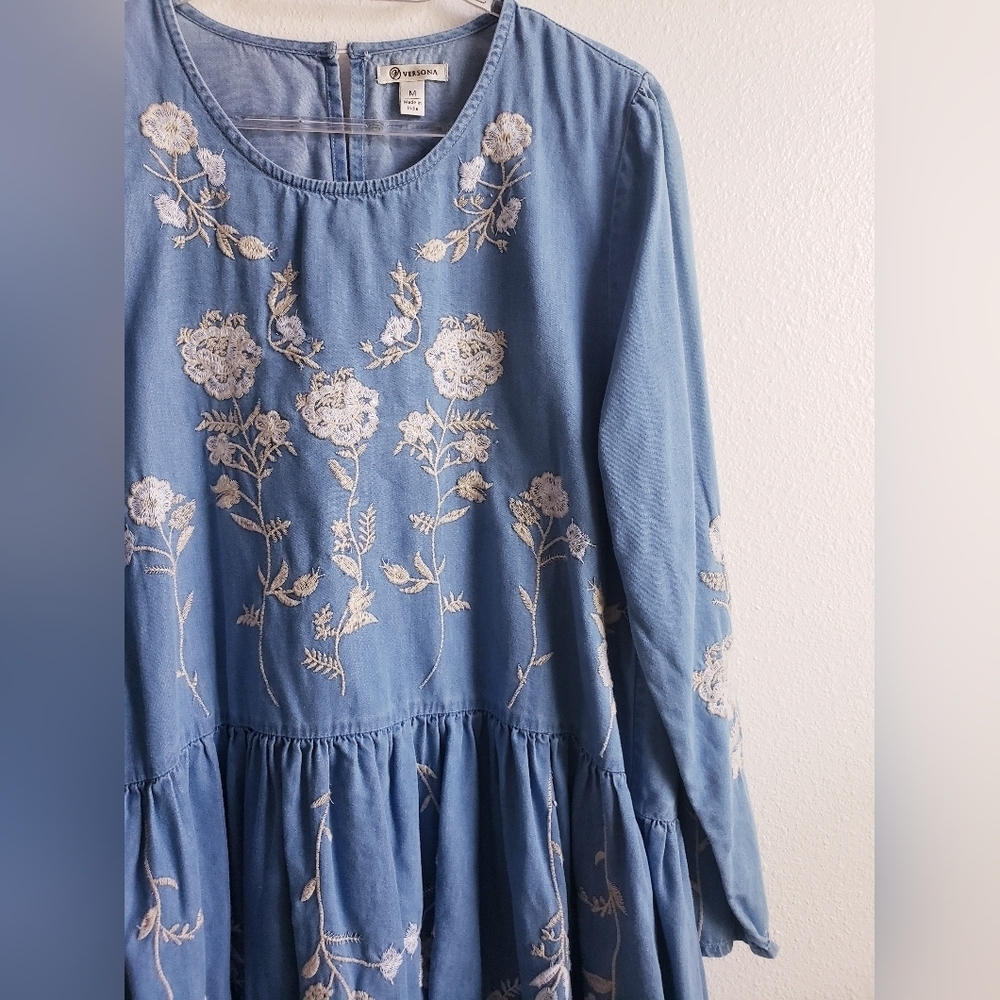 Versona Embroidered Chambray Long Sleeve Dress - Picture 3 of 8